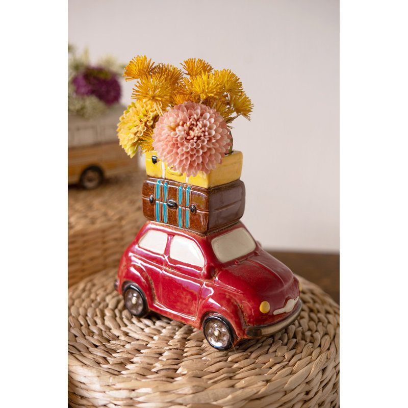  Voiture en céramique rouge avec pot à fleurs décoratif décoratif H 6,5 po