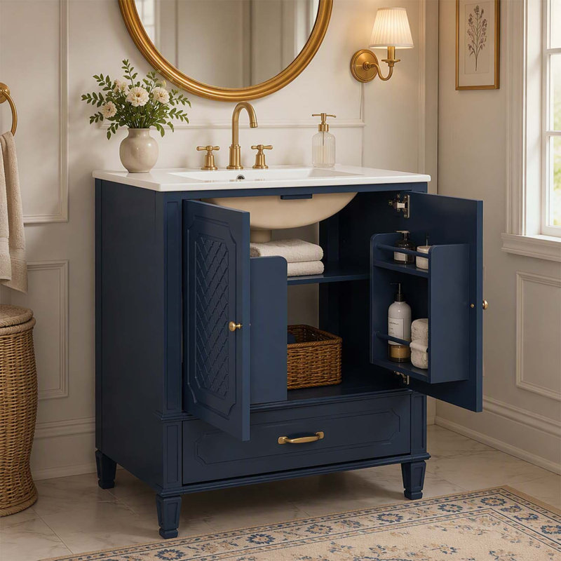 Meuble-lavabo de style rétro de 30 pouces avec lavabo, rangement multifonctionnel, porte à fermeture en douceur et fabrication durable
