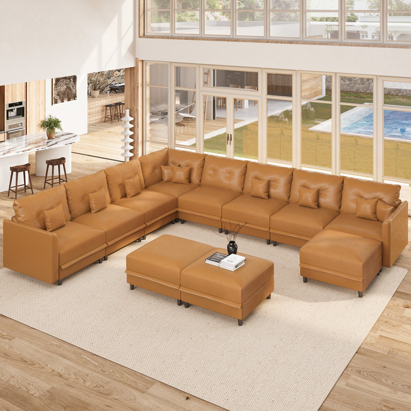 Canapé modulaire faisant face à droite avec repose-pieds Edorta, Brown Faux Leather