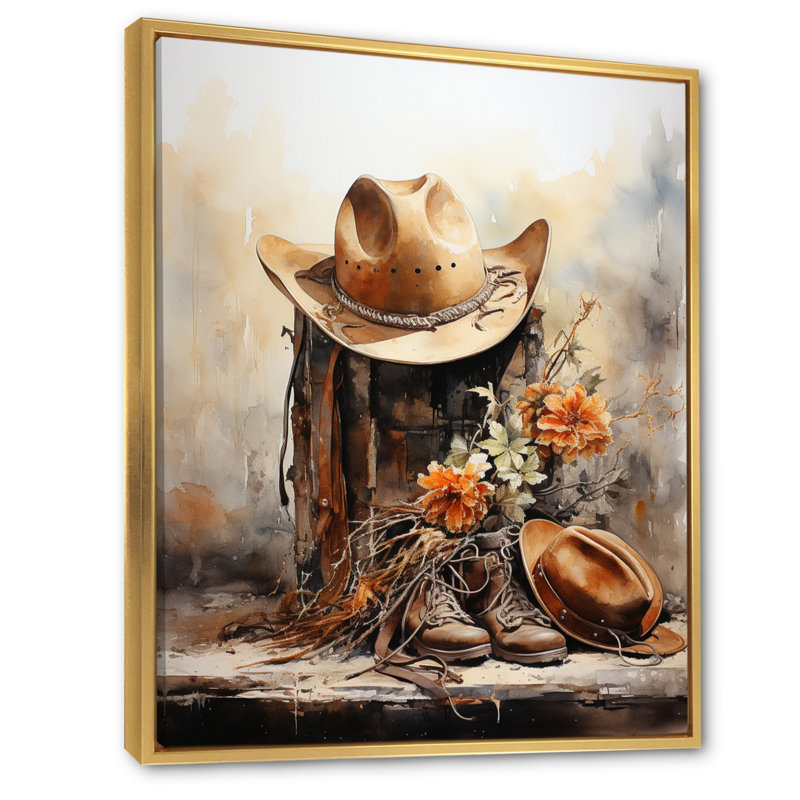 Yerly minimalisme, chapeau de cowboy et botte II - Cowboys, art mural, H 32 po x l 24 po x P 1 po, Cadre flottant doré