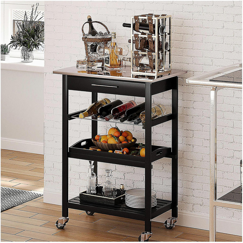 Chariot manuel pour îlot de cuisine en acier inoxydable avec comptoir, porte-bouteilles et tiroir, chariot de service pratique