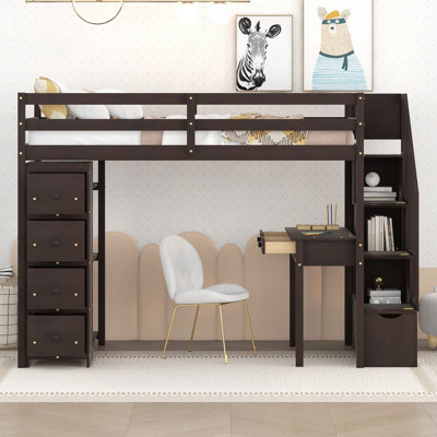 Lit mezzanine simple avec tiroirs de rangement, bureau et escalier, lit mezzanine en bois avec tablettes