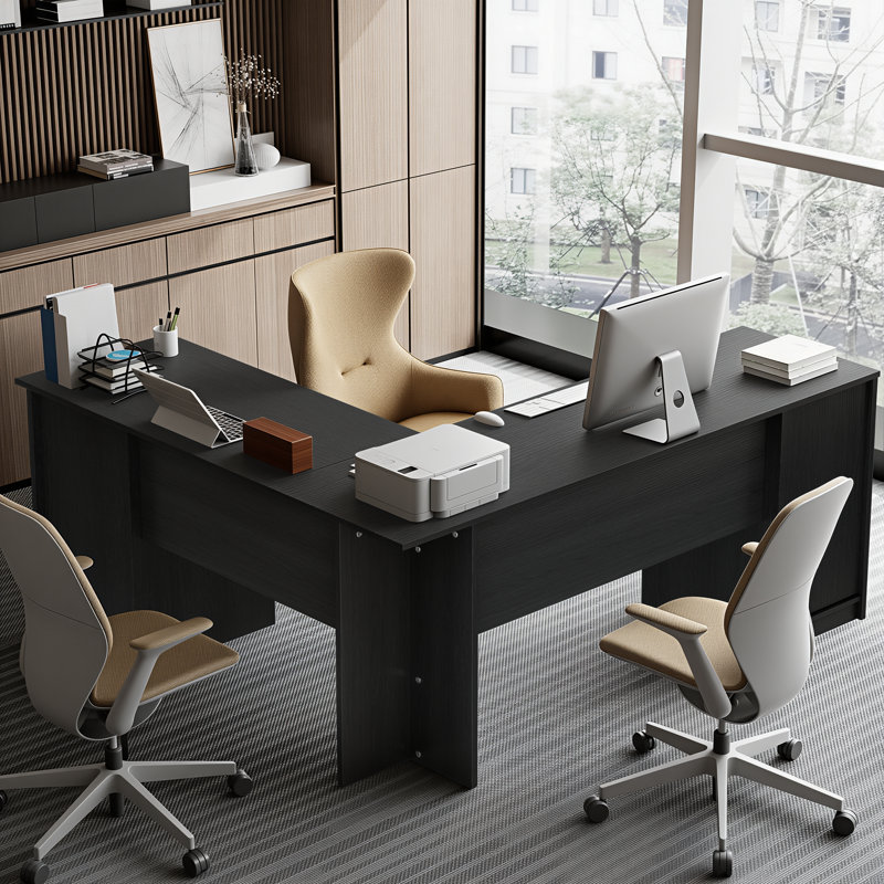 Bureau de direction en L avec tiroirs Arpan, Noir