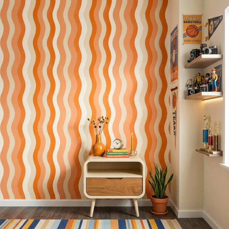 Rouleau de papier peint à rayures ondulées abstrait orange et crème, Peler et coller