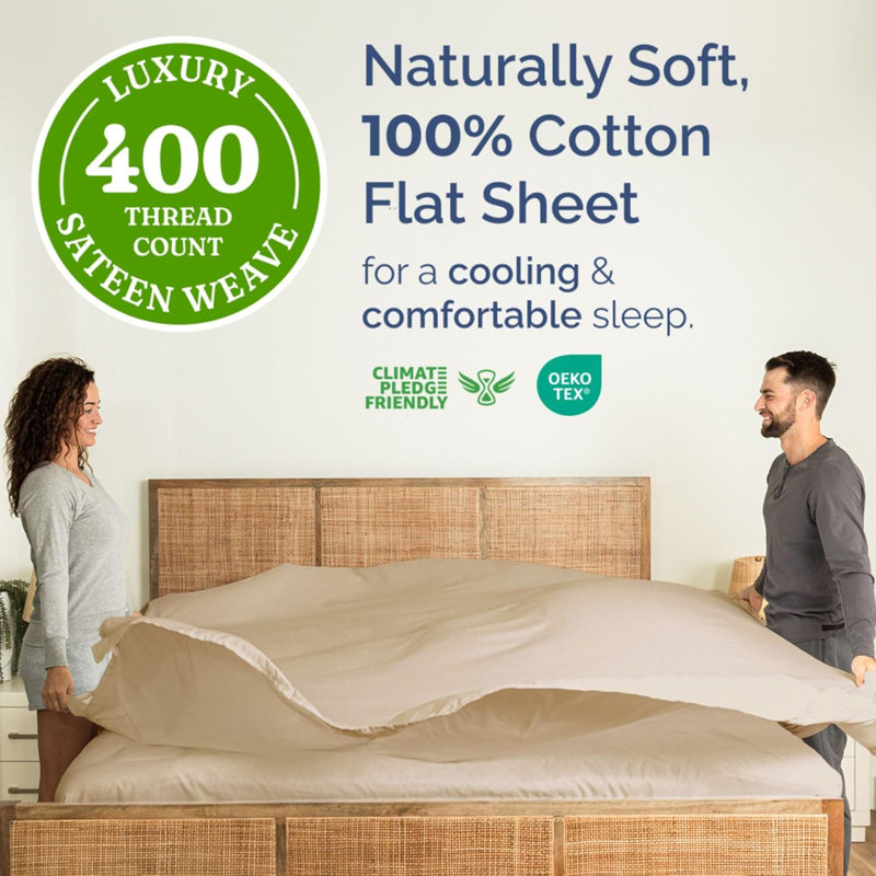 Drap en coton 400 fils - Drap rafraîchissant, respirant et doux, Crème, Très grand lit