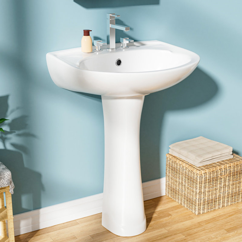 Lavabo sur pied en porcelaine vitrifiée en forme de U l 21 po x P 19 po, 3 trous de robinet et trop-plein, blanc, Blanc
