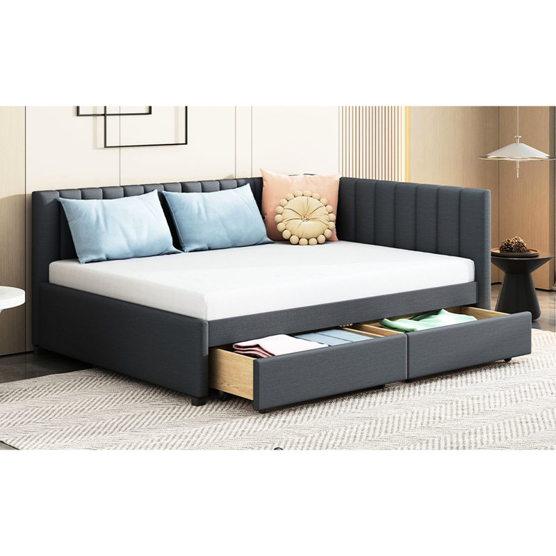 Lit de jour double avec tiroirs, housse en lin gris. Cadre de lit sans sommier tapissier pour une chambre à coucher chic. Détendu