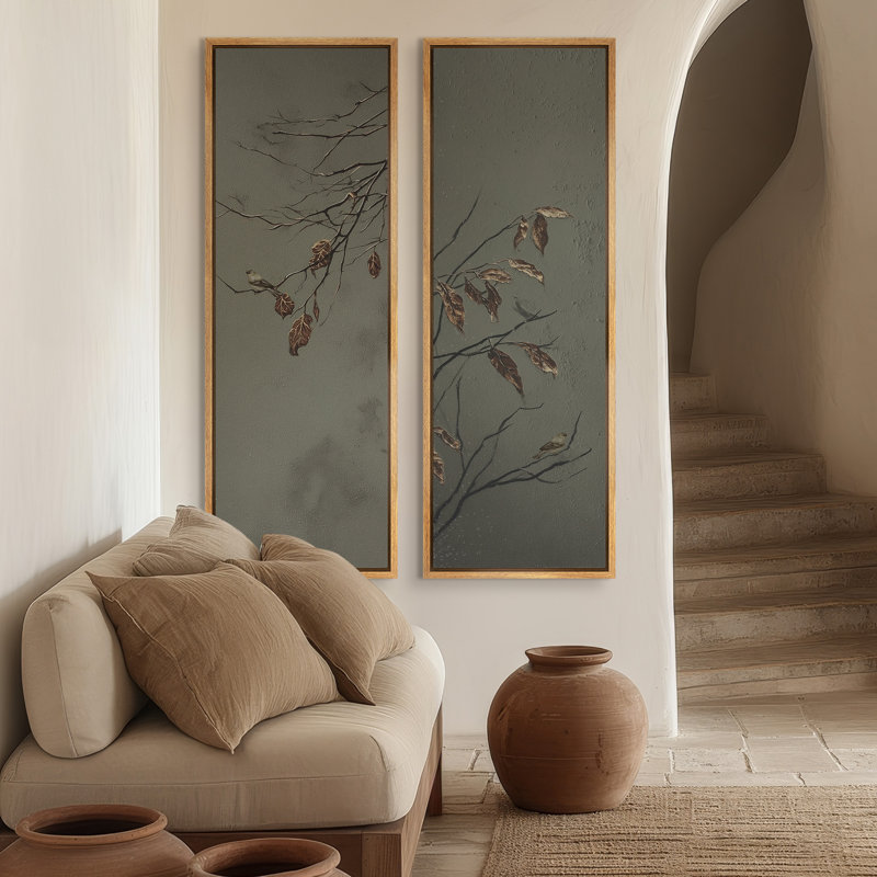 Branches botaniques en sourdine avec oiseaux aux tons terreux - ensemble de 2 reproductions d'art encadrées sur toile 60 po x 20 po x 2 pièces