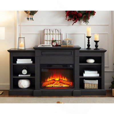 Console multimédia avec grande armoire de rangement, avec foyer encastré de 23 po, pour téléviseur de 70 po ou moins, meuble télé multimédia moderne, gris