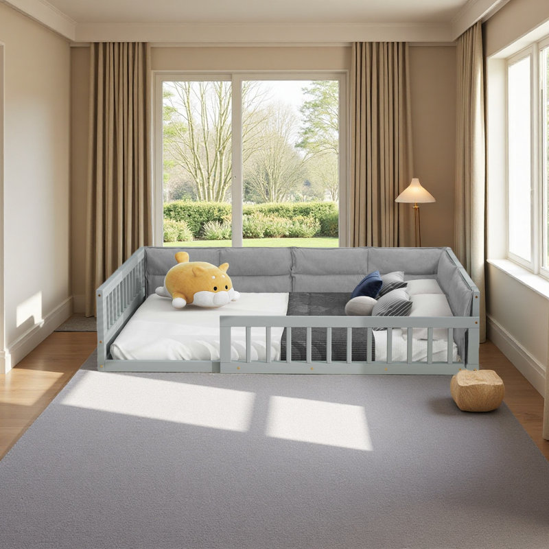 Lit plateforme tapissier avec garde-corps et coussin, Gris