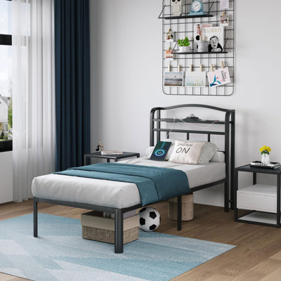 Metal Bed Frame 14 Inch With Headboard & Charging Station Galaxy Aurora Projector by Ebern Designs