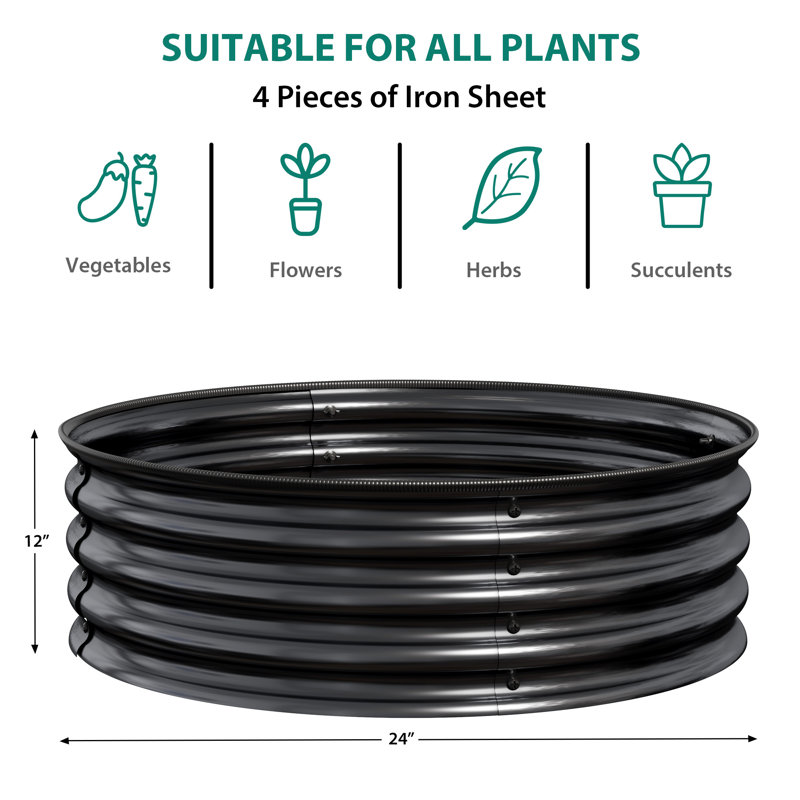 Round Metal Raised Garden Bed – Corrosion-Resistant Galvanized Steel, Black Color, Safe Rubber Edges, Quick Assembly for Planting & Landscaping