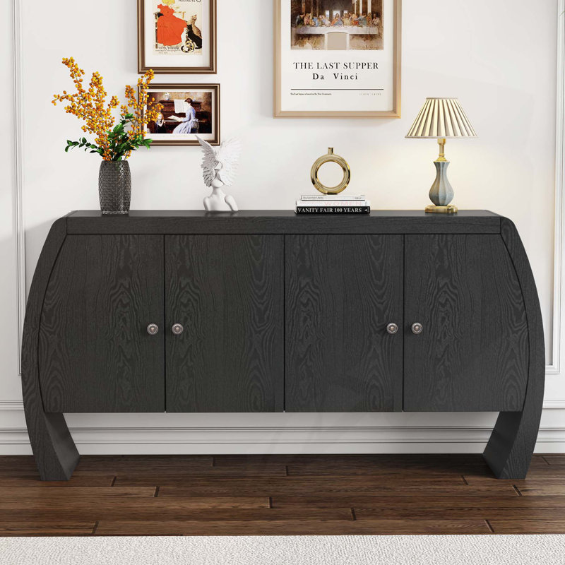 Four-Door Ash Veneer Storage Cabinet with Curved Legs for Various Rooms, Black
