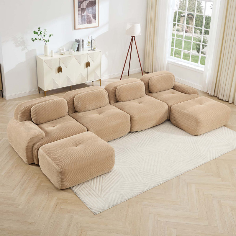 Canapé modulaire en U sans assemblage Tissu en velours côtelé respirant 32D à haute résilience avec accoudoirs courbés extra-larges Conception ergonomique adaptée aux animaux de compagnie pour les salons, chambres à coucher, chameau