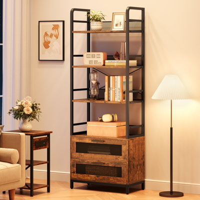 Industrial 4-Tier Bookshelf with Drawers - Rustic Wood and Metal Open Storage Bookcase - Large Capacity Display Shelf for Bedroom, Living Room, Home O