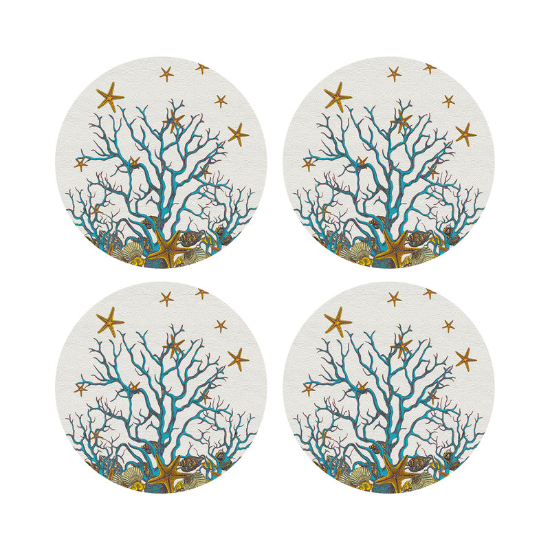 Coral Reef White Pink Vegan Leather Round Coasters, White Turq