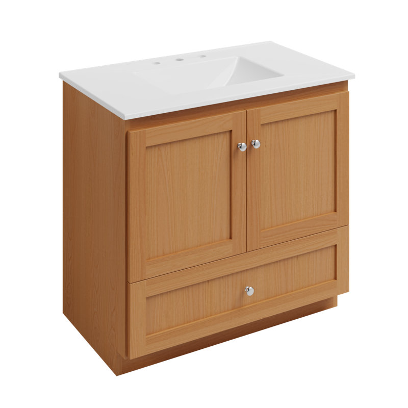 Meuble-lavabo en bois d'aulne naturel avec comptoir en céramique blanc, Aulne naturel