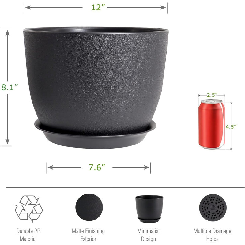 12" Black Plastic Plant Pot With Drainage & Saucer
