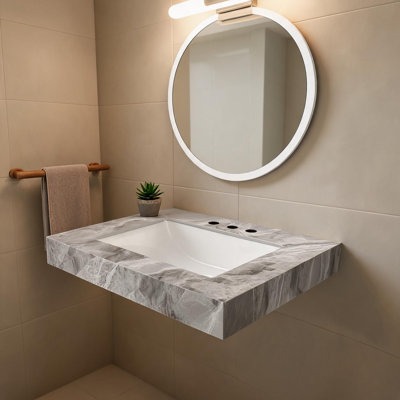 Comptoir en pierre frittée gris clair de 61 cm (24 po) et lavabo encastré en céramique avec un trou pré-percé pour robinet standard