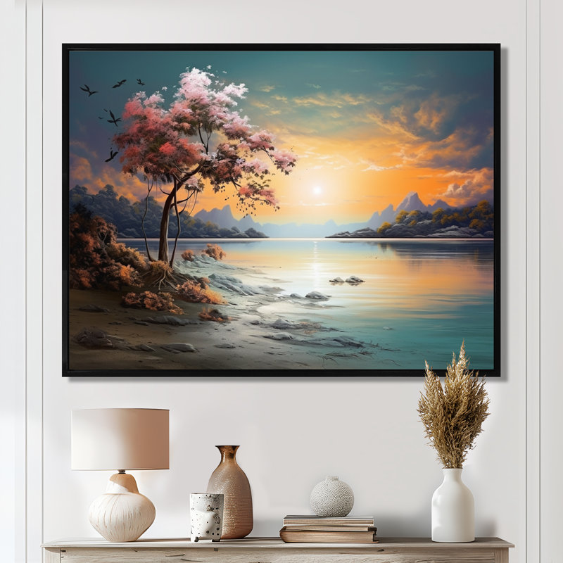 Fleur de cerisier au coucher du soleil sur le lac - salon d'art mural plage et océan, Toile avec cadre flottant noir