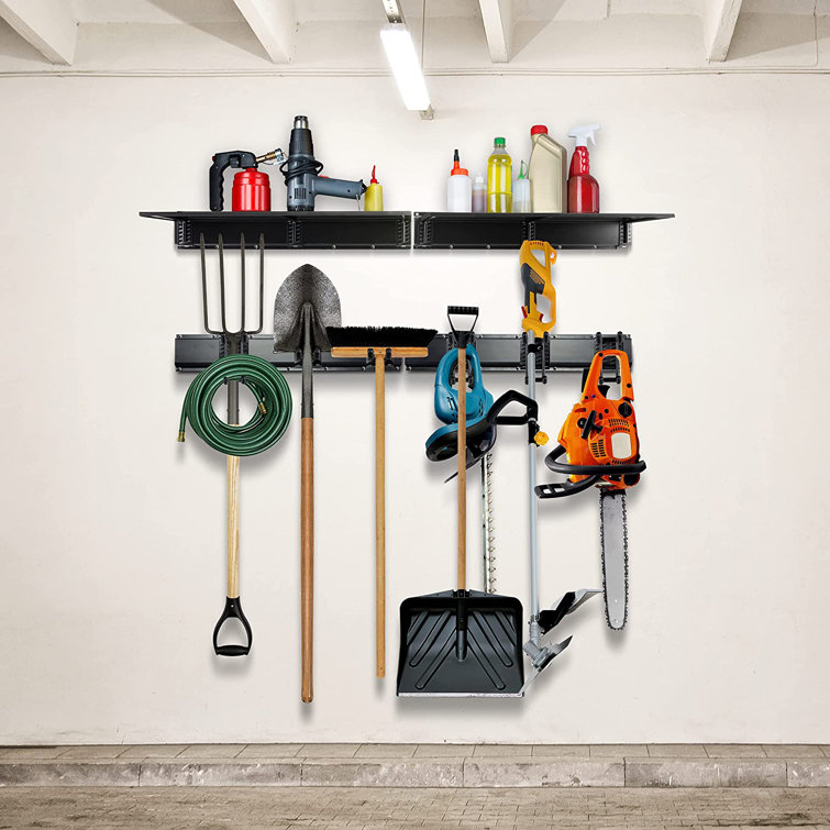 Shovel, Rake and Tool Holder with Hooks- Wall Mounted Organizer for Garage,  Closet - Overview 