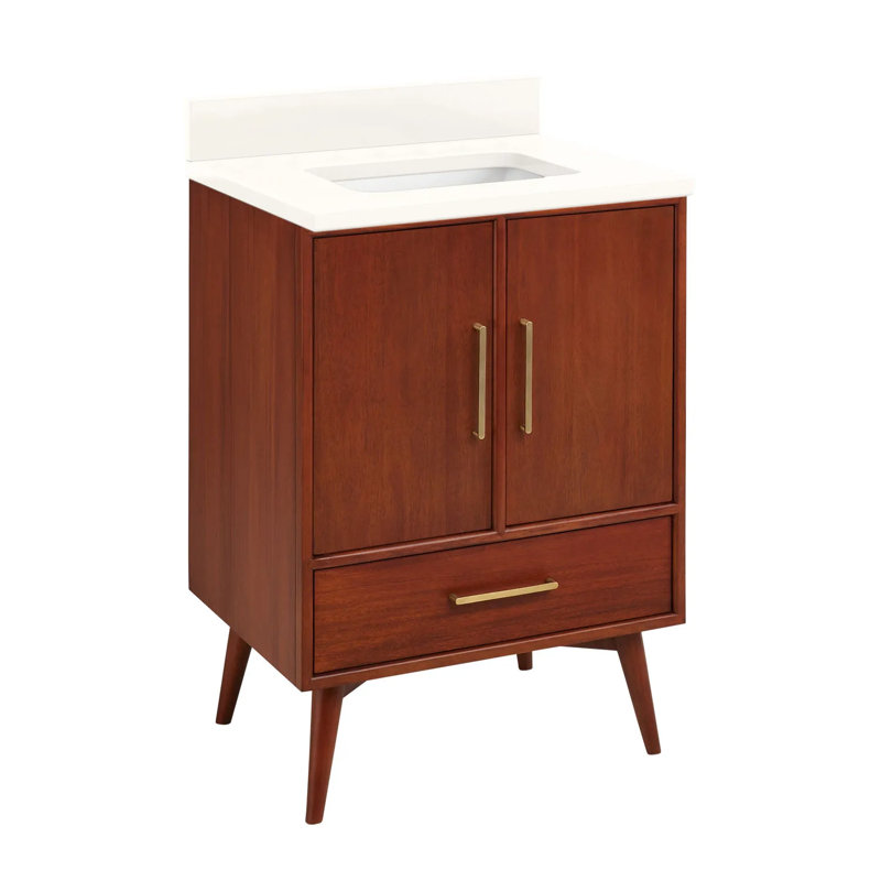 24" Novak Single Bathroom Vanity Set with Rectangular Undermount Sink, Natural Teak, No Faucet Hole, Arctic White Quartz