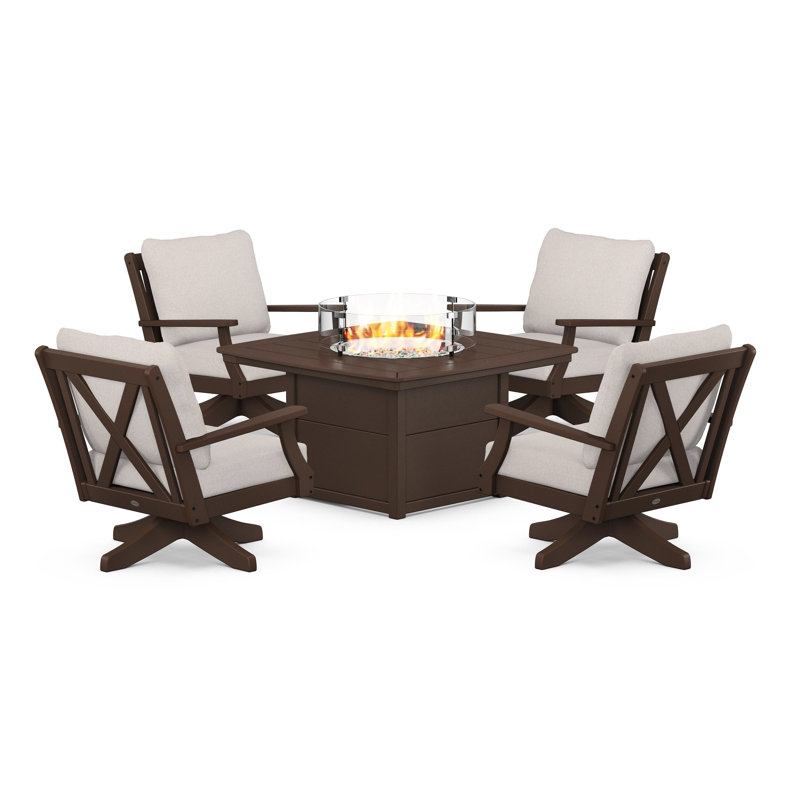 Braxton 5-Piece Deep Seating Swivel Conversation Set with Fire Pit Table, Sand, Natural Linen
