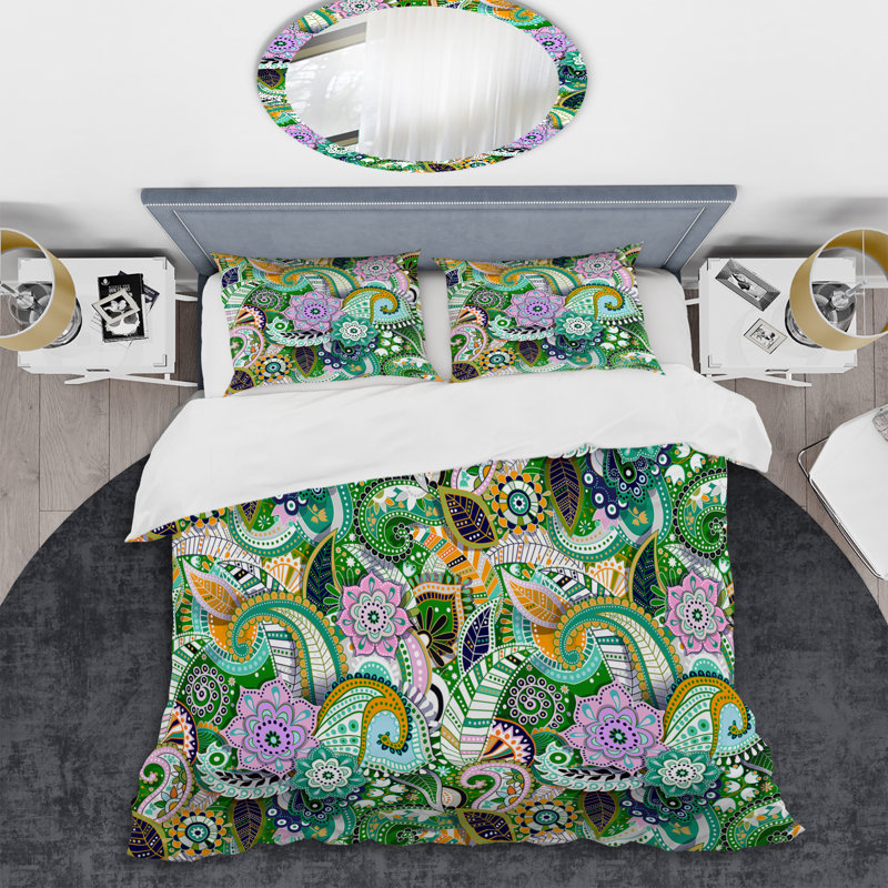 Cachemire vert floral - ensemble de housse de couette abstrait - microfibre de polyester