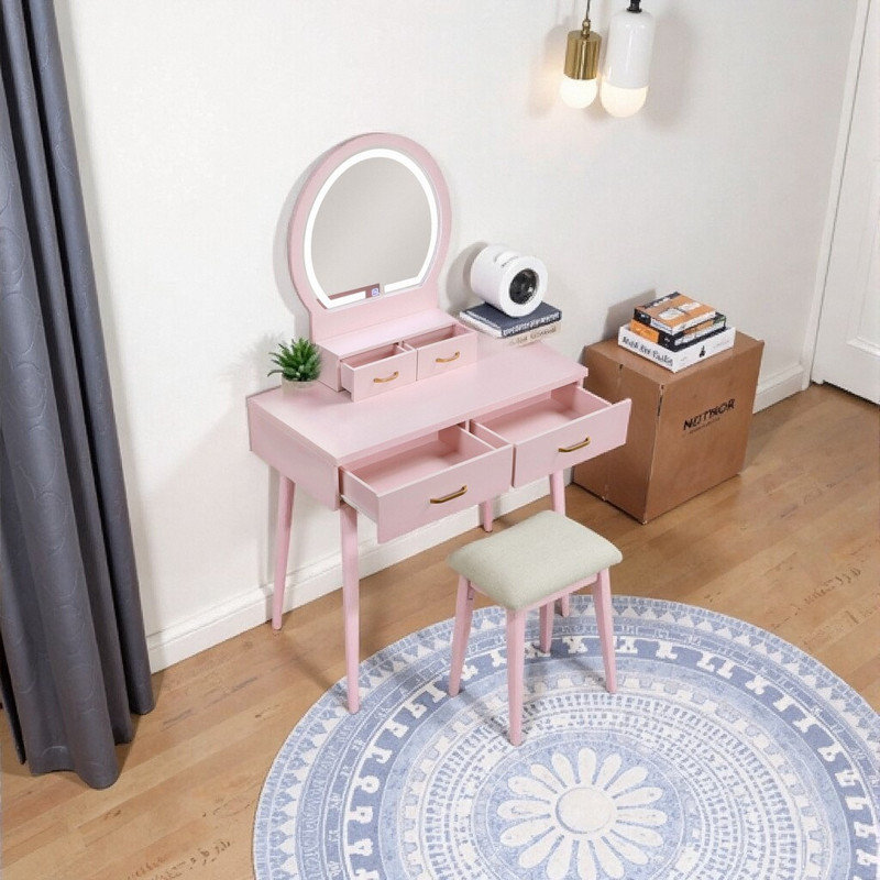 Ensemble de coiffeuse 54 "avec miroir à DEL, ensemble de coiffeuse 4 tiroirs avec tabouret, Rose