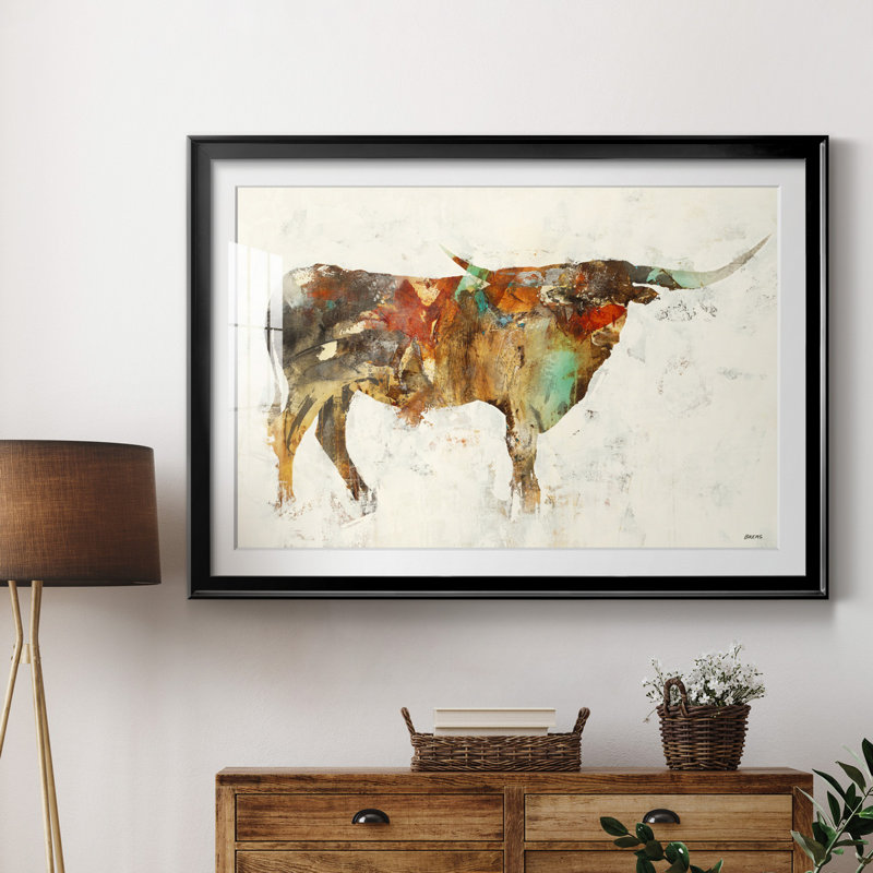" Long Horn ", 26.5" H x 36.5" W x 1.5" D, Black Framed Paper