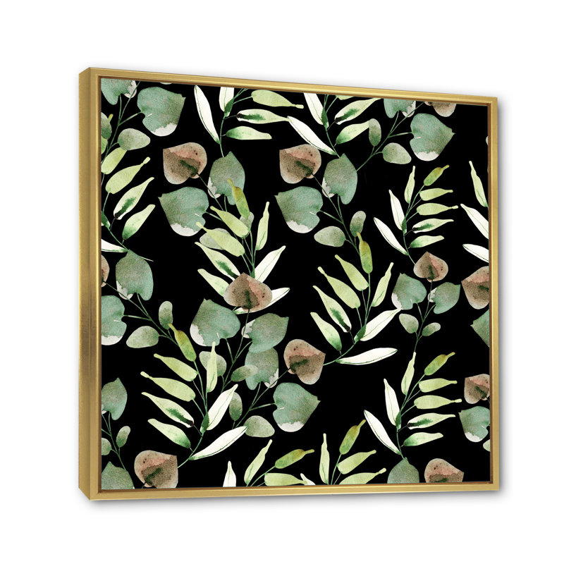 Feuilles tropicales vertes sur fond noir - peinture sur toile, Cadre flottant doré, H 36 po x l 36 po x P 1 po