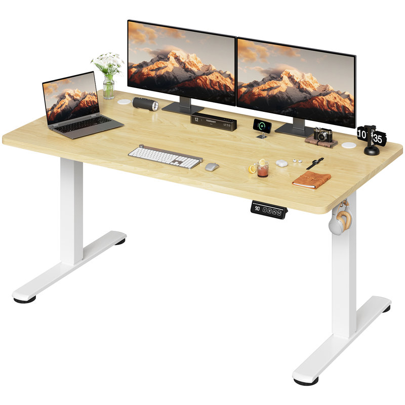 Dionysius Electric Height Adjustable Standing Desk, 140cm x 70cm, White, Beige