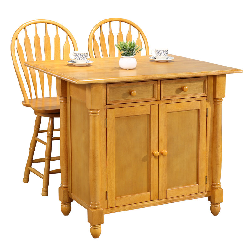 Azizi Solid Wood Kitchen Island Set, Light Oak