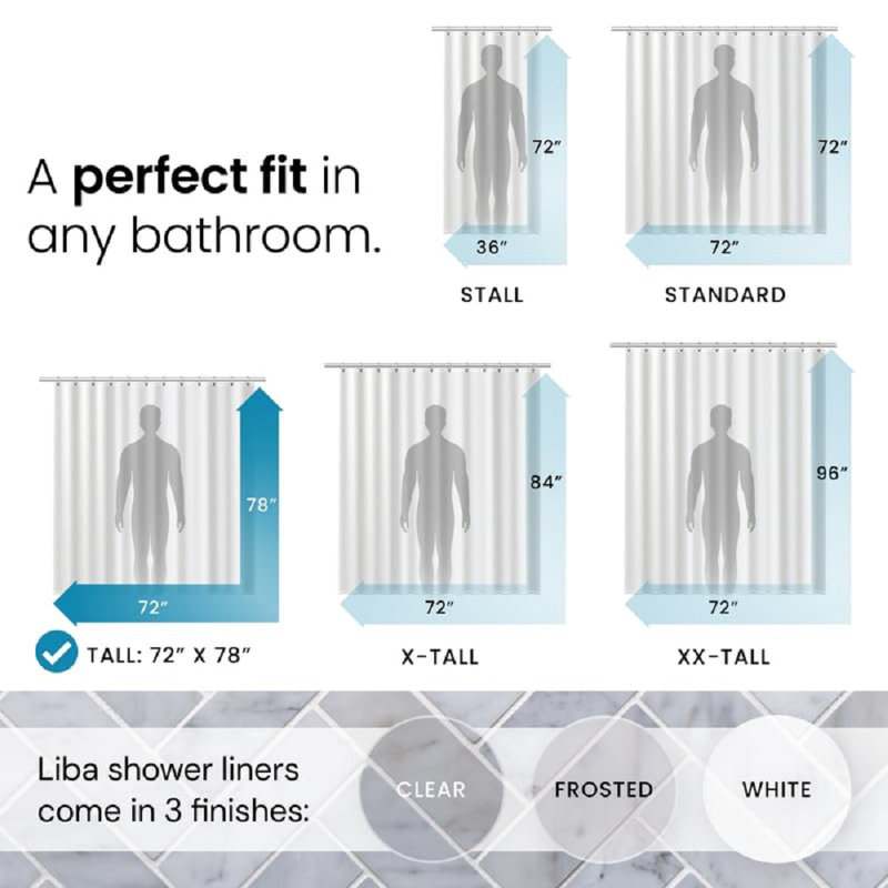  Doublure de rideau de douche pour salle de bain en PEVA de qualité supérieure 8G - plastique imperméable, non toxique et épais avec œillets antirouille - l 72 po x H 78 po givré