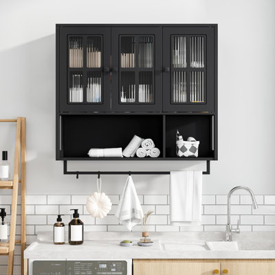 Bathroom Wall Cabinet, 3-Door Wooden Wall Cabinet With Open And Hidden Storage Space, Medicine Cabinet With Glass Door And Towel Bar For Entryway Living Room Bathroom Dining Room,Black