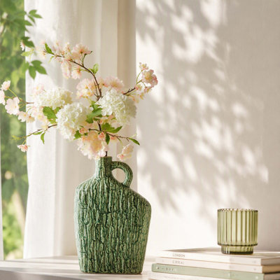 Organic Asymmetrical Green Ceramic Vase with Handle, Wabi‑Sabi Home Decor