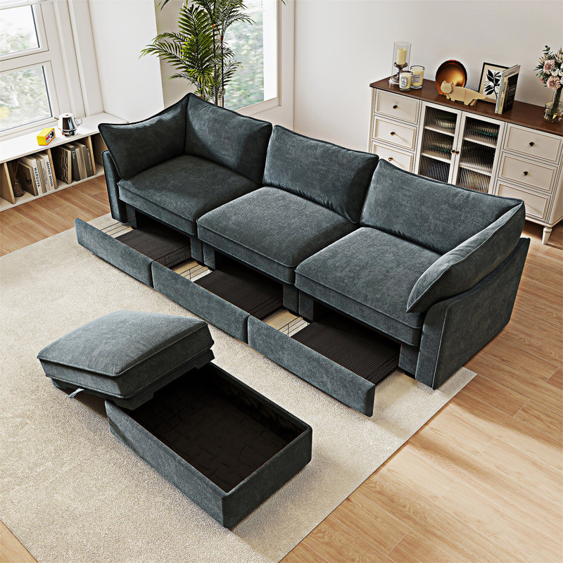 Canapé modulaire en L avec repose-pieds mobile, Gris, H 31,4 po x l 112,6 po x P 34,2 po