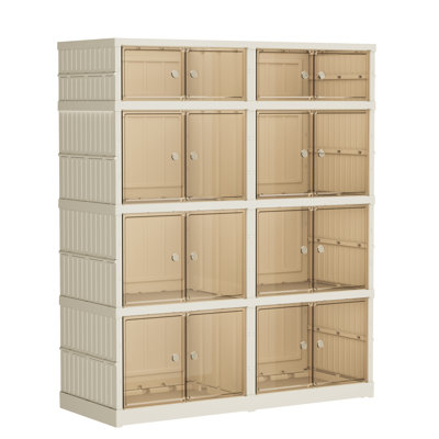 All-in-One Folding Storage Cabinet, 4 Tier 332QT Plastic Organizer Bins with Magnetic Doors and Wheels