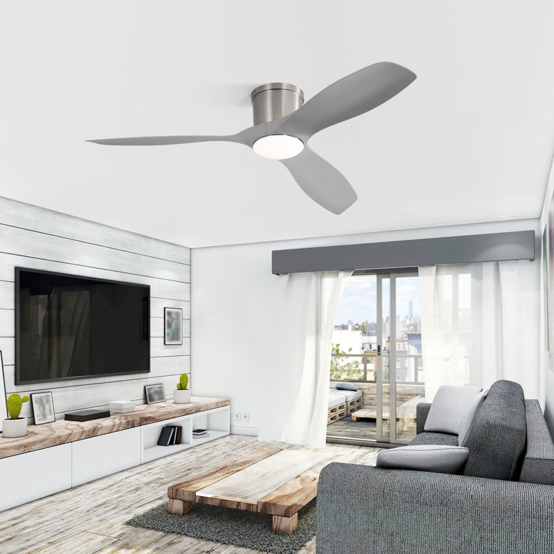 Ventilateur de plafond encastré 3 pales 52 pouces avec lumières DEL et télécommande Shandi, Sable nickel avec gris chauve