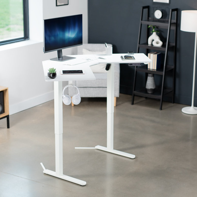 Bureau debout d'angle électrique VIVO, poste de travail en L (série E1L94B), Blanc et blanc