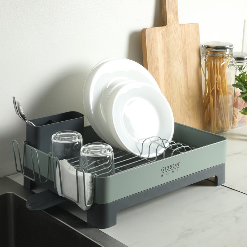 Gibson Home Nestcraft Full Size Rust Resistant Dish Rack with Drain Board and Flatware Caddy , Green