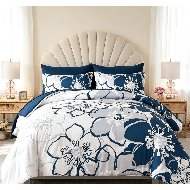 Navy Floral Comforter Set Queen 7 Piece Blue Flower Bed in a Bag