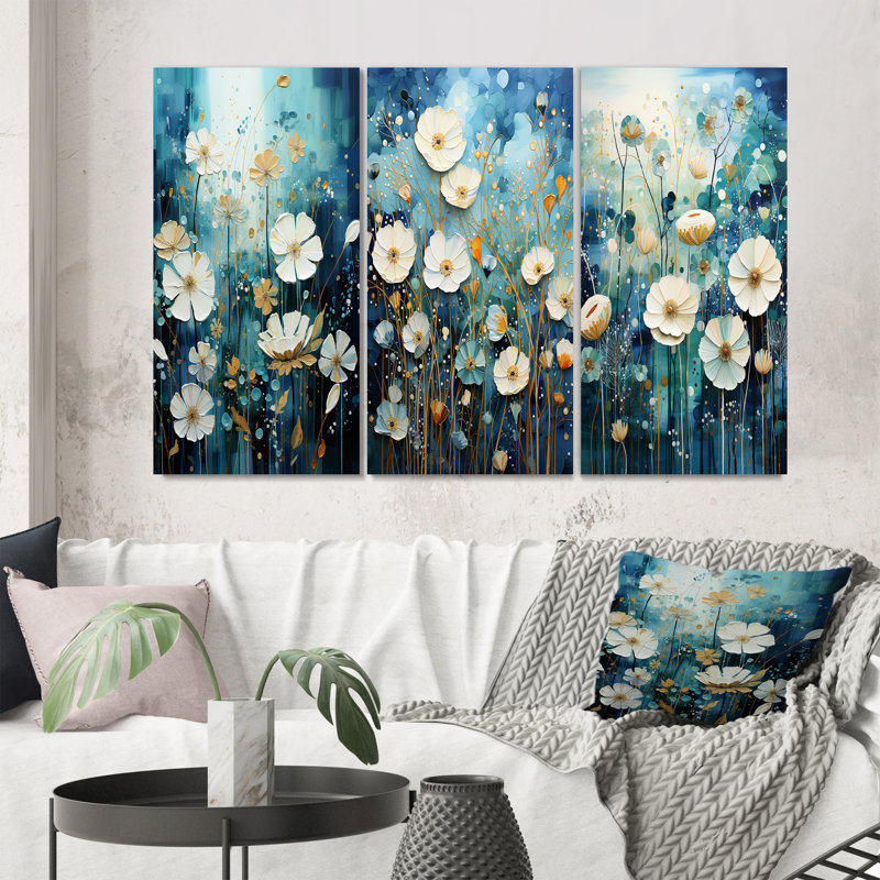 «Blue Tranquil Gardens», 3 pièces sur toile, H 32 po x l 48 po, Toile tendue