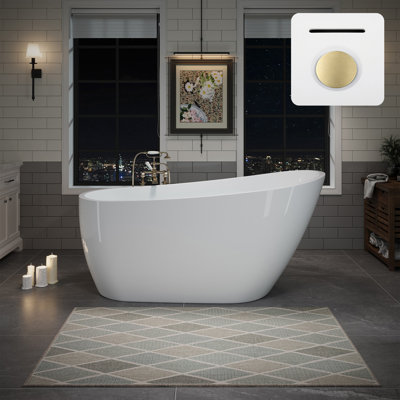  60" x 29.53" Acrylic Freestanding Bathtub, Deep Soaking Bathtub with Brushed Gold Pop-up Drain & Integrated Overflow for Bathroom Spa, Glossy White