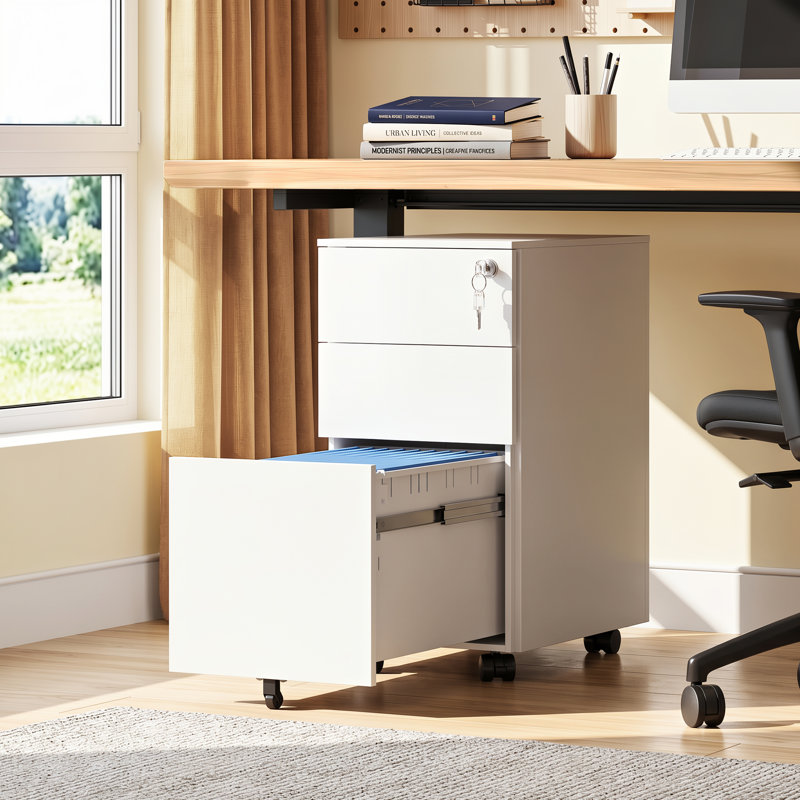 Classeur mobile à 3 tiroirs de 11,8 po de largeur Carreiro pour bureau personnel, classeur sous bois, support pour imprimante