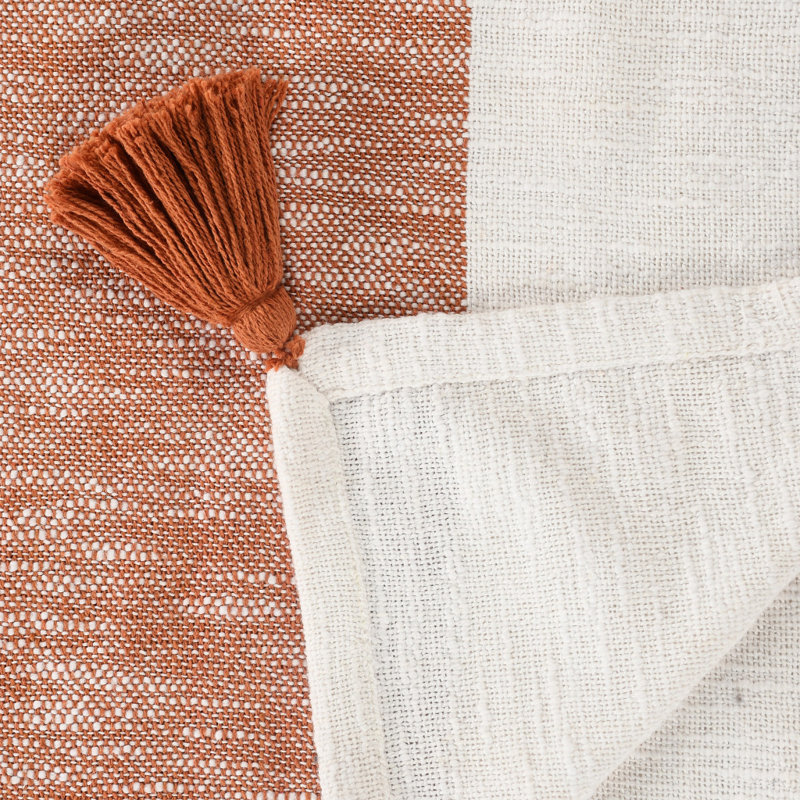 Jeté rayé en coton tissé orange, Orange / rayures blanches
