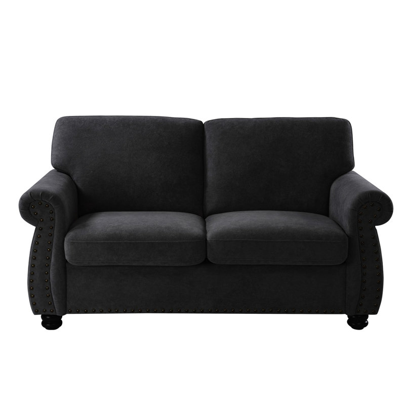 Velours confortable 2 places avec coussins de dossier larges, mousse haute, noir style Mid-Century moderne, support en mousse
