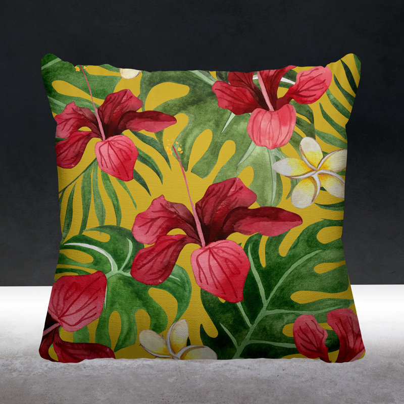 Koi Floral Outdoor Reversible Throw Pillow, Yellow,  17H" x 17W" 