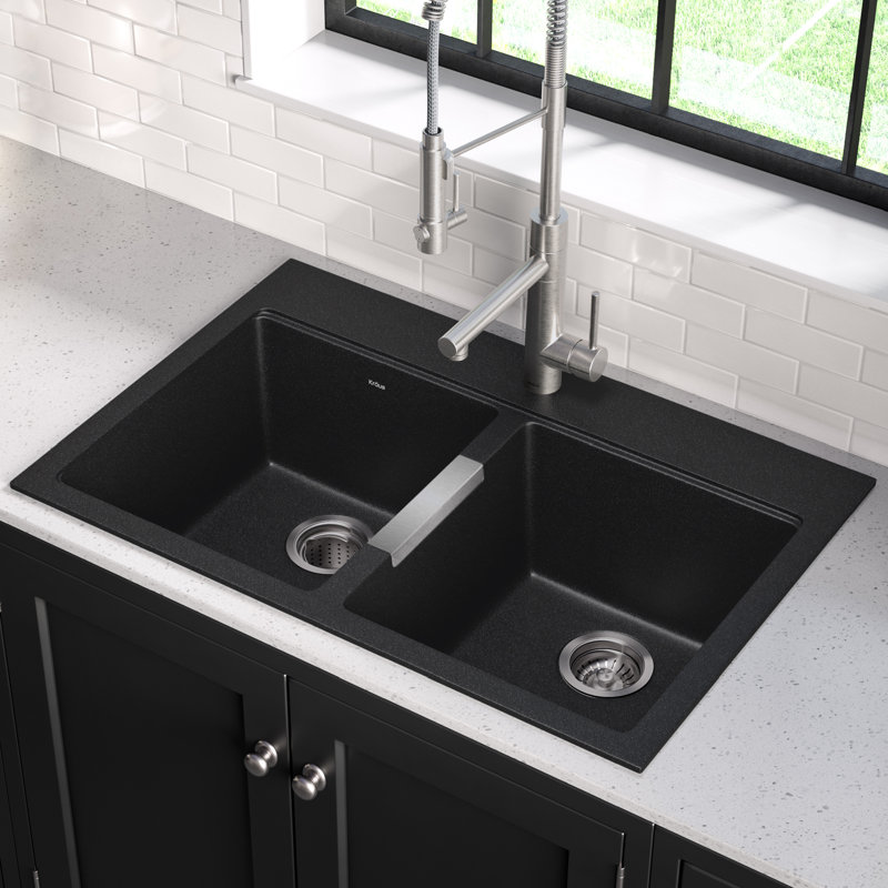 KRAUS Dual Mount Bowl Granite Kitchen Sink w/ Top Mount and Undermount Installation, Black, 50/50 Double Bowl