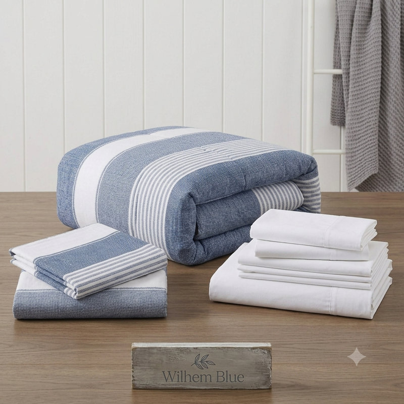 Ensemble de couette surdimensionné de 7 pièces en coton naturel à rayures bleues Wilhelm, taille Queen, Grand lit